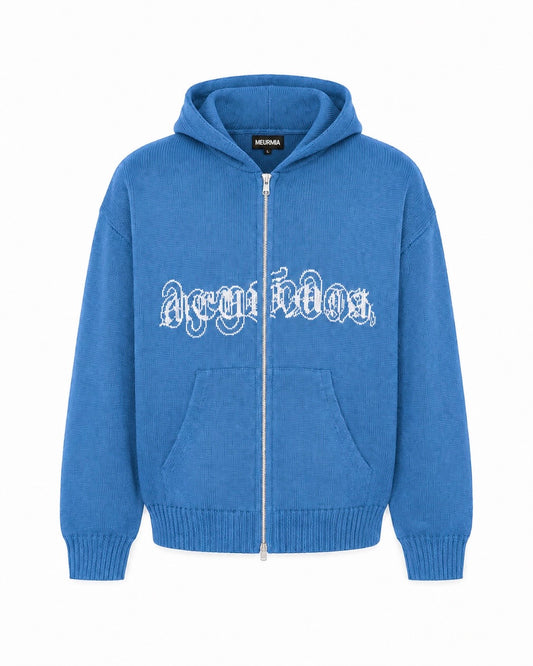 azure blue "SCRIPT" knit jacket
