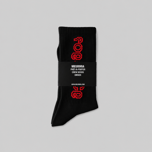 black / red script socks