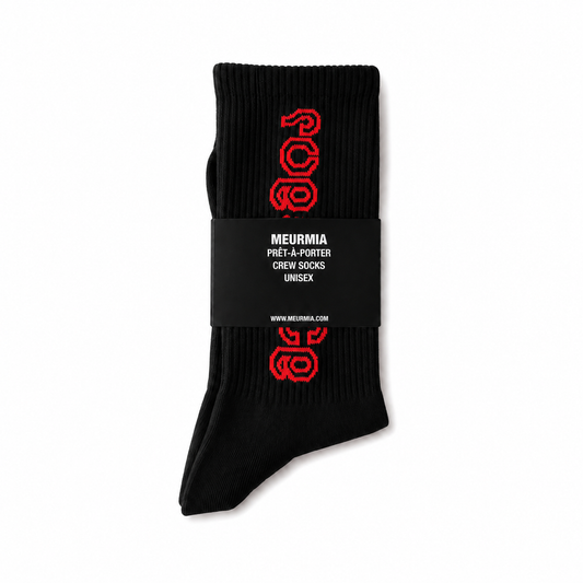 black / red script socks